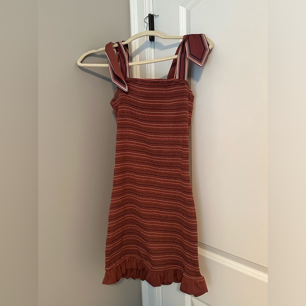 Burgundy/maroon and orange dress with tie shoulders